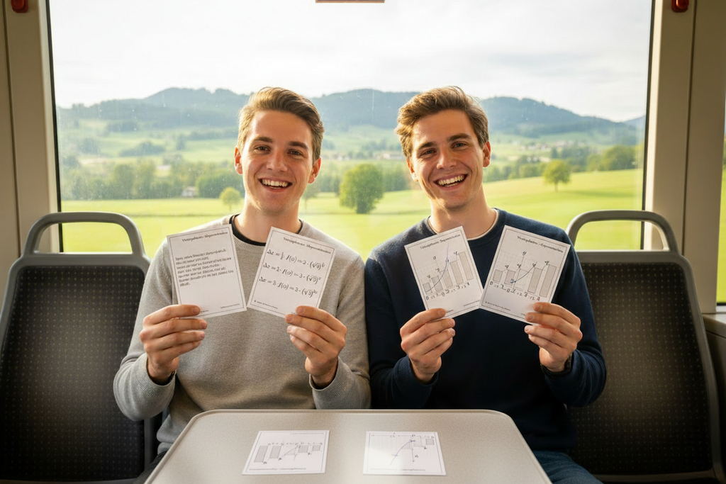 Zwei Männer schauen zufrieden auf Karteikarten auf dem Tisch